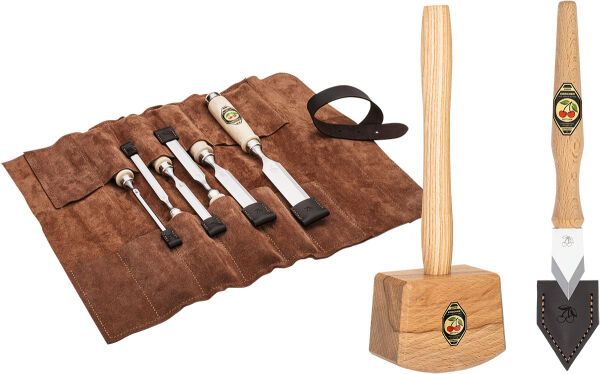 KIRSCHEN WOODWORKER Essentials Set 2 - Stechbeitelsatz 6-10-12-16-20-26 mm in Ledertasche + Holzhammer + Anreißmesser 1821000 | Gravur möglich