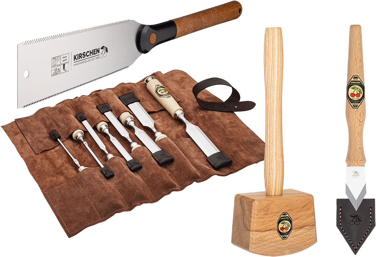 KIRSCHEN WOODWORKER Essentials Set 3 - Stechbeitelsatz 4-6-10-12-16-20-26-30 mm in Ledertasche + RYOBA Japansäge + Holzhammer + Anreißmesser 1831000 | Gravur möglich