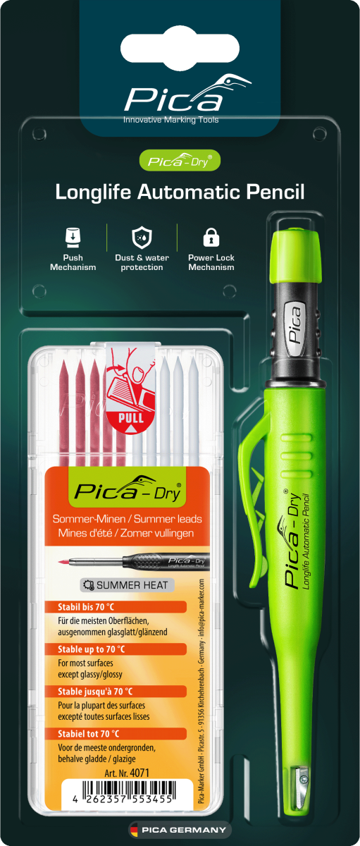 Pica Dry Longlife Automatic Pencil Tieflochmarker + 10 Spezialminen Sommer Set Rot Weiß wasserfest