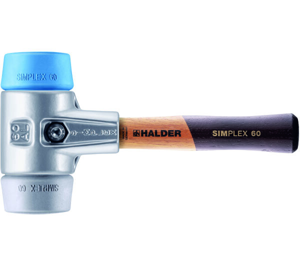 HALDER SIMPLEX Schonhammer Ø 60 mm TPE-soft blau / TPE-mid grau kurzer Stiel mit Aluminiumgehäuse | Gravur möglich