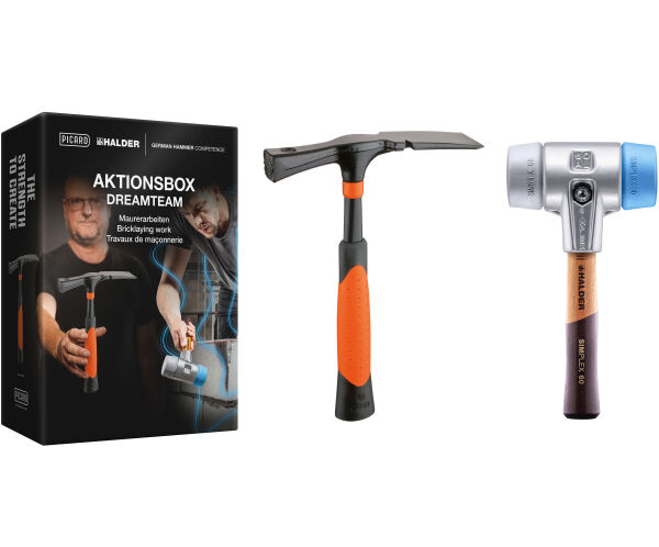 HALDER Aktionsbox Dreamteam Maurerarbeiten SIMPLEX Ø 60 mm TPE-soft / TPE-mid + PICARD Maurerhammer | Gravur möglich