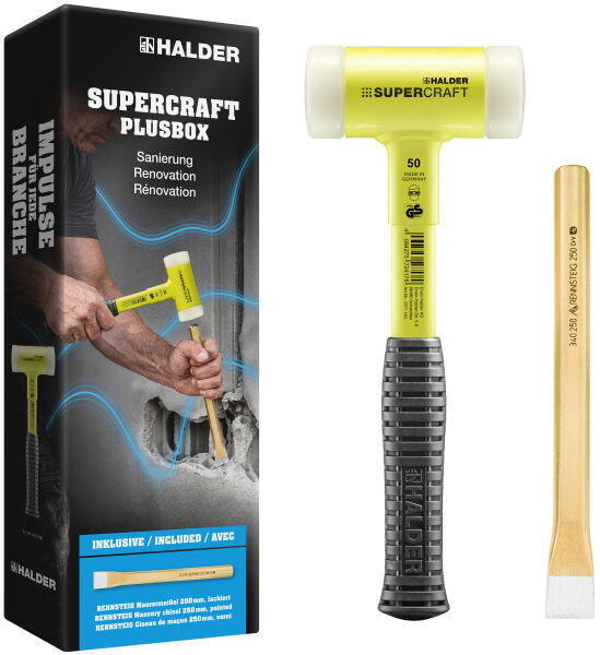 HALDER SUPERCRAFT Plusbox Sanierung Schonhammer Ø 50 mm + RENNSTEIG Maurermeißel 250 mm