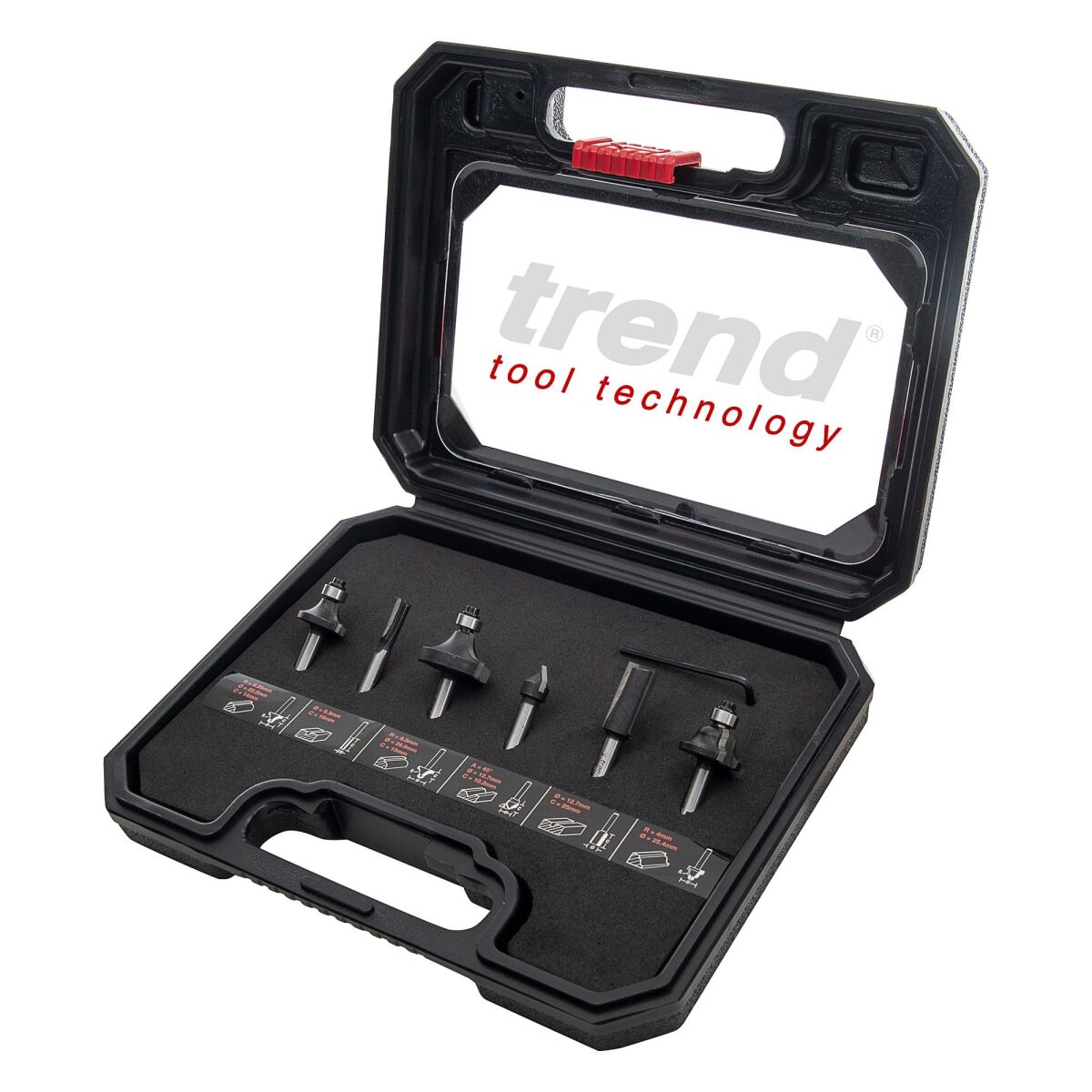 Trend Fräser-Set 6-teilig HM, 12 mm Schaft – Nutfräser, V-Nut-, Abrund- & Profilfräser
