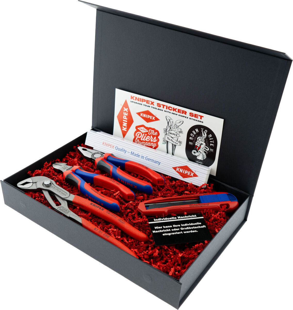 KNIPEX Geschenkbox Klassiker Kombizange Seitenschneider Cobra & CutiX mit Gravur inkl. Zollstock | Exklusives Handwerker Geschenk