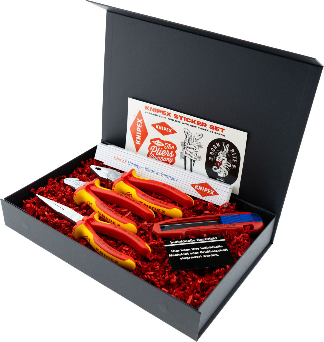 KNIPEX Geschenkbox Elektriker VDE Kombizange Flachrundzange Seitenschneider & CutiX mit Gravur inkl. Zollstock | Exklusives Geschenk für Elektriker