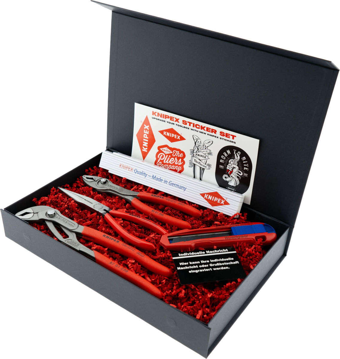 KNIPEX Geschenkbox Werkstatt TwinGrip Flachrundzange Cobra & CutiX mit Gravur inkl. Zollstock | Exklusives Handwerker Geschenk