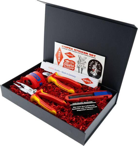 KNIPEX Geschenkbox Elektro-Installation VDE Installationszange BiX Seitenschneider & CutiX mit Gravur inkl. Zollstock | Exklusives Geschenk für Elektriker
